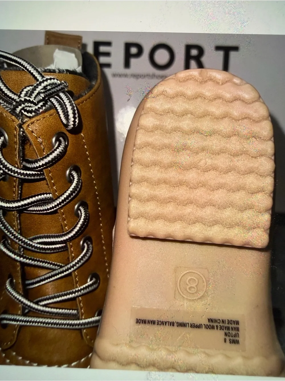Report Tan and Black Lace-Up Duck Boots